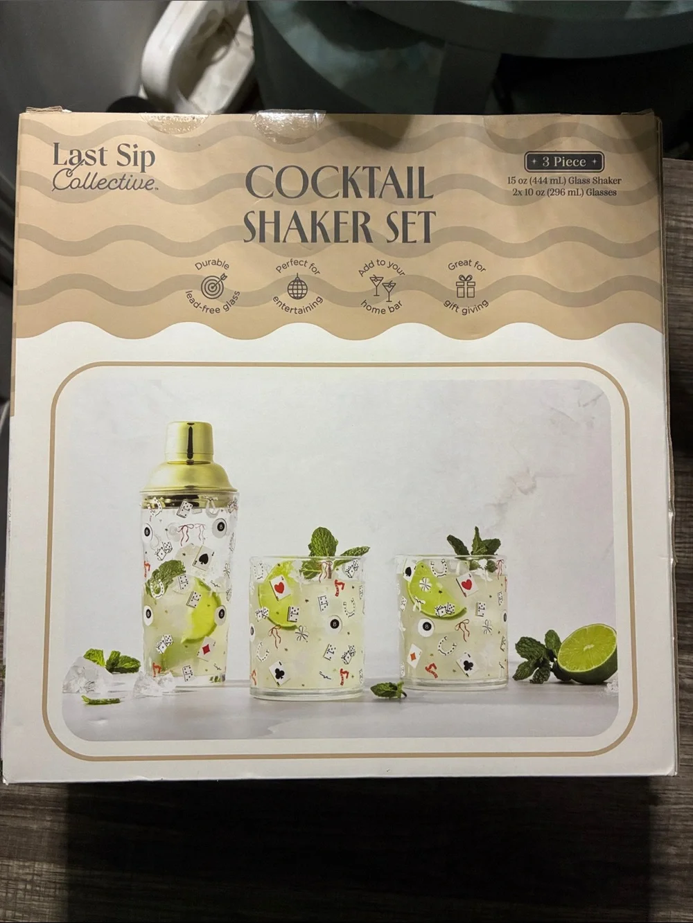 Gold Cocktail Shaker Set with Playing Card Glasses